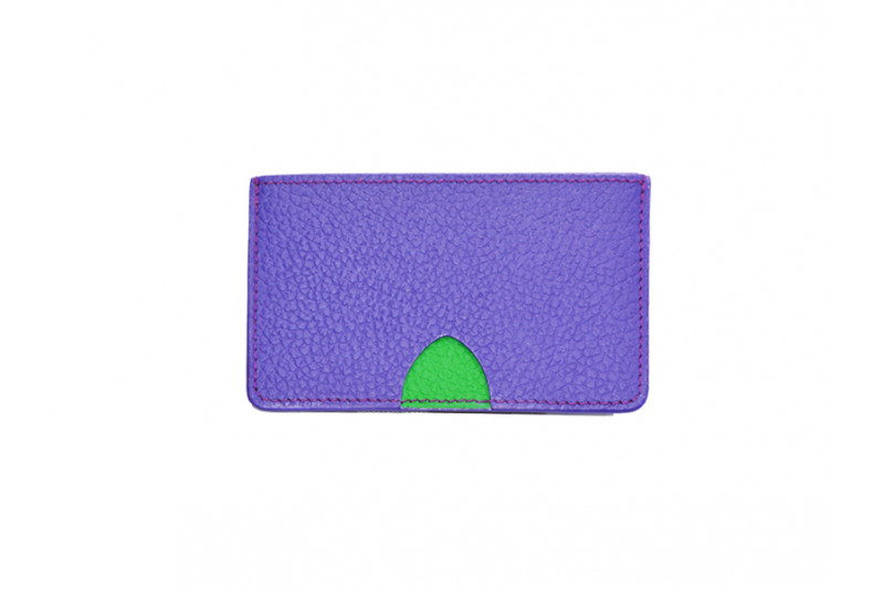 Porte cartes violet et vert en cuir
