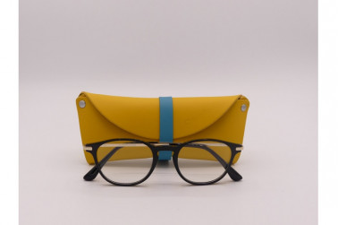 Etui à lunettes jaune et turquoise en cuir à rivets