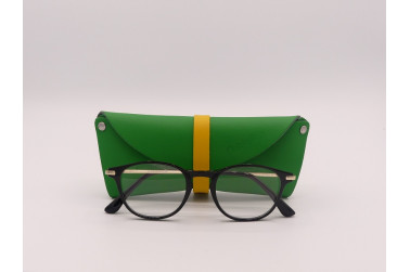 Etui à lunettes vert et jaune en cuir