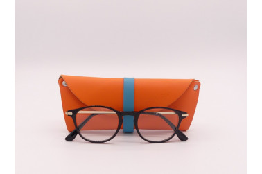 Etui à lunettes orange et bleu en cuir