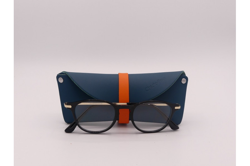 Etui à lunettes bleu canard et orange en cuir à rivets